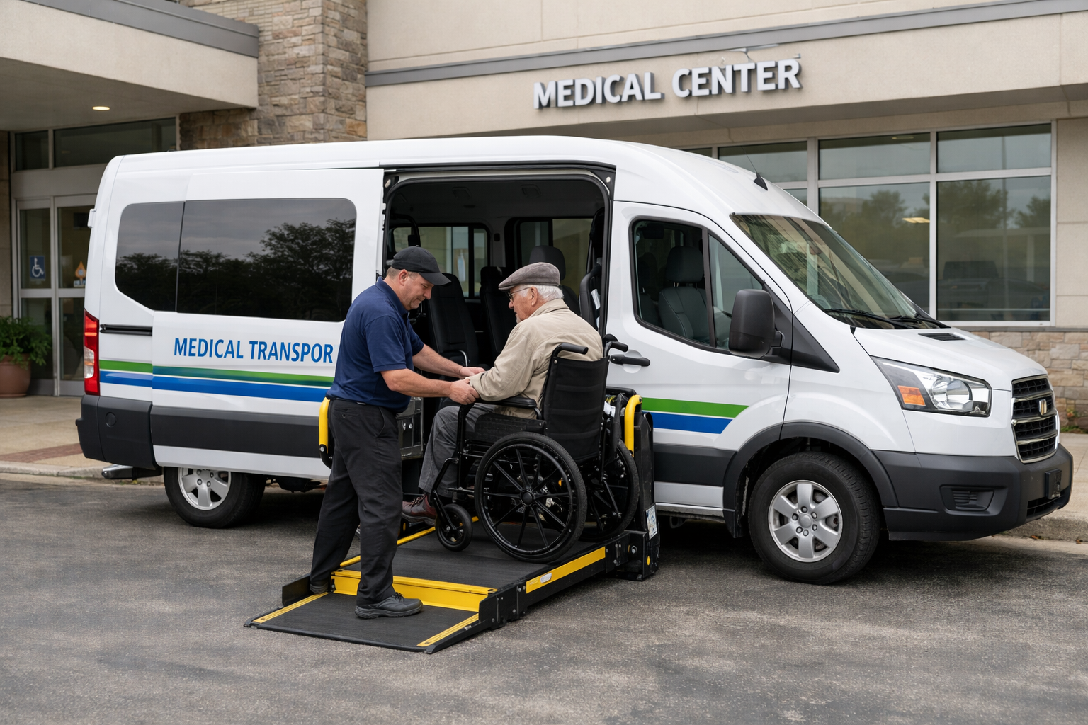 NEMT driver assisting wheelchair passenger into medical transport van